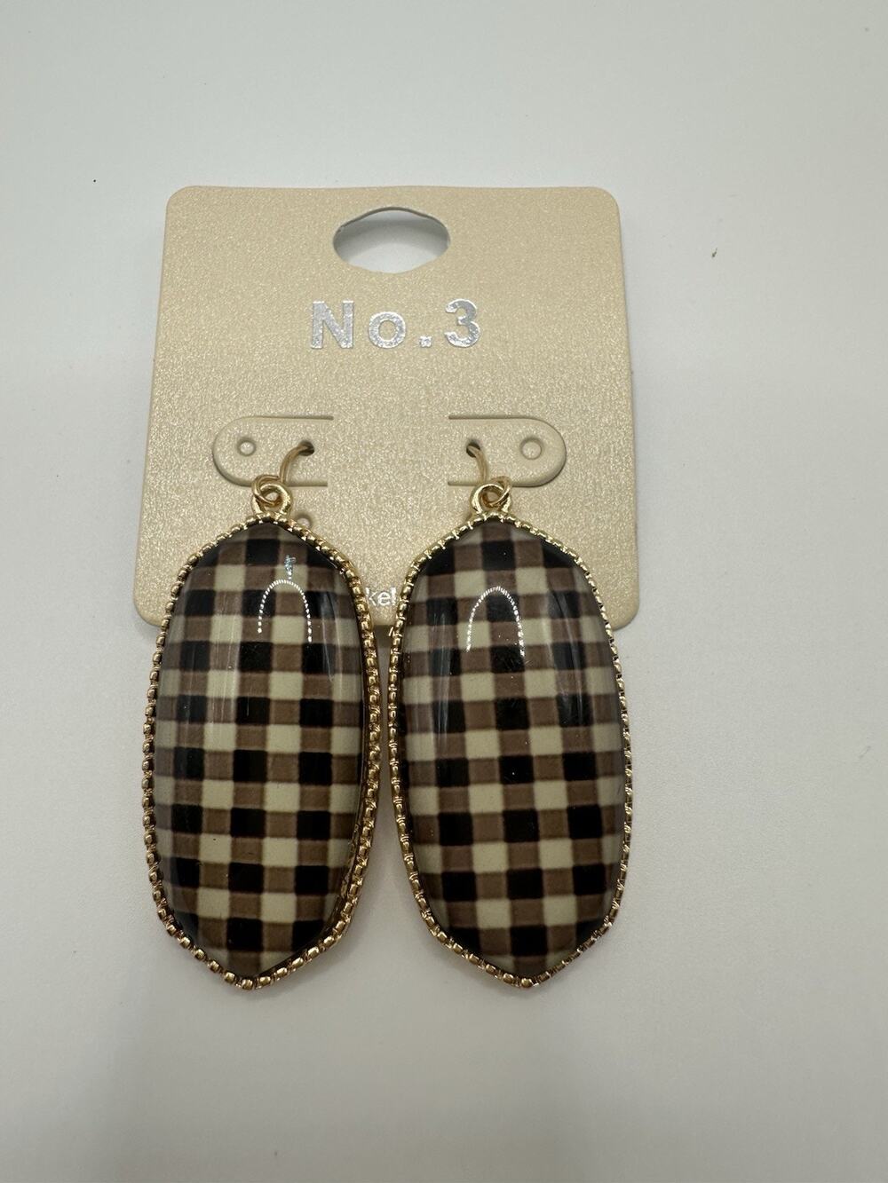 No. 3 Gold Tone Drop Dangle Hook Earrings With Black/White Checked Plaid 2”